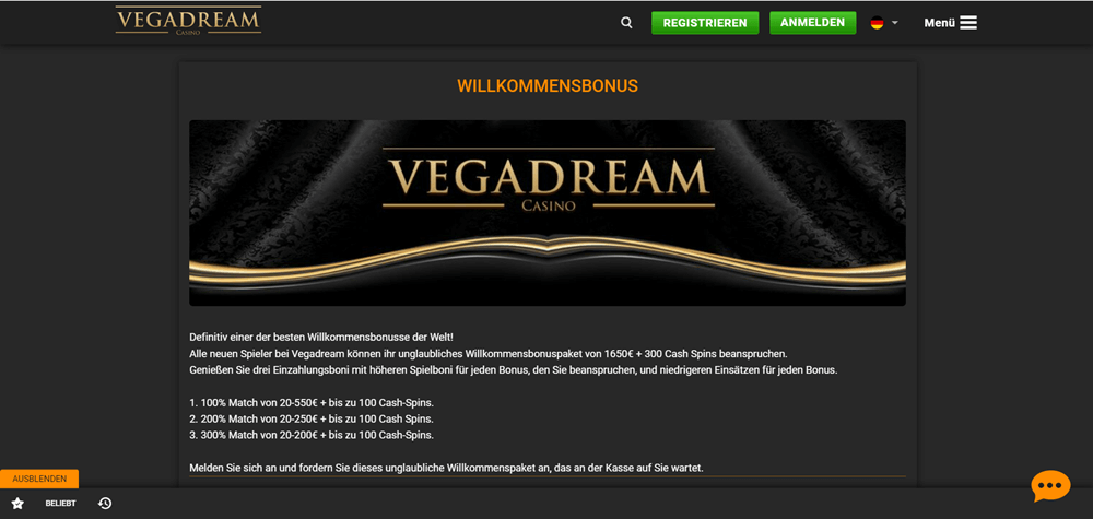 Vegadream Casino Willkommensbonus